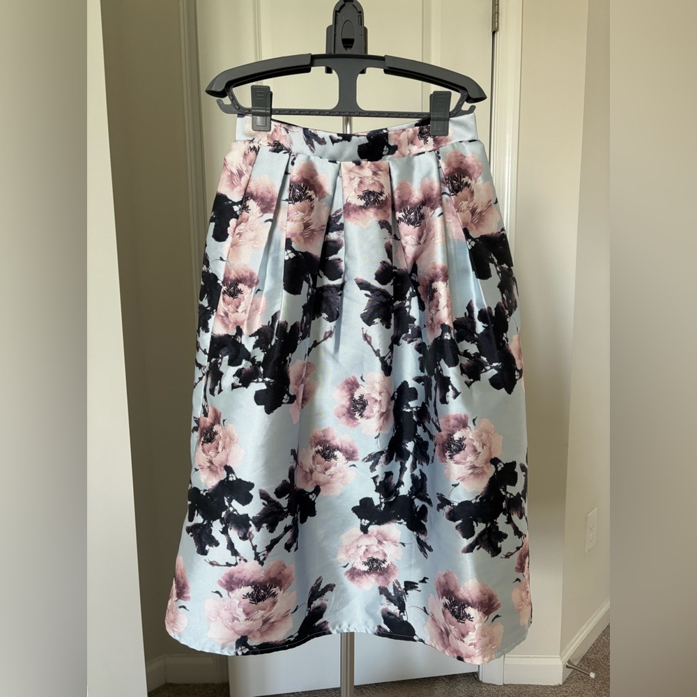 ANGL Black and Pink Pleated A-Line Midi Skirt